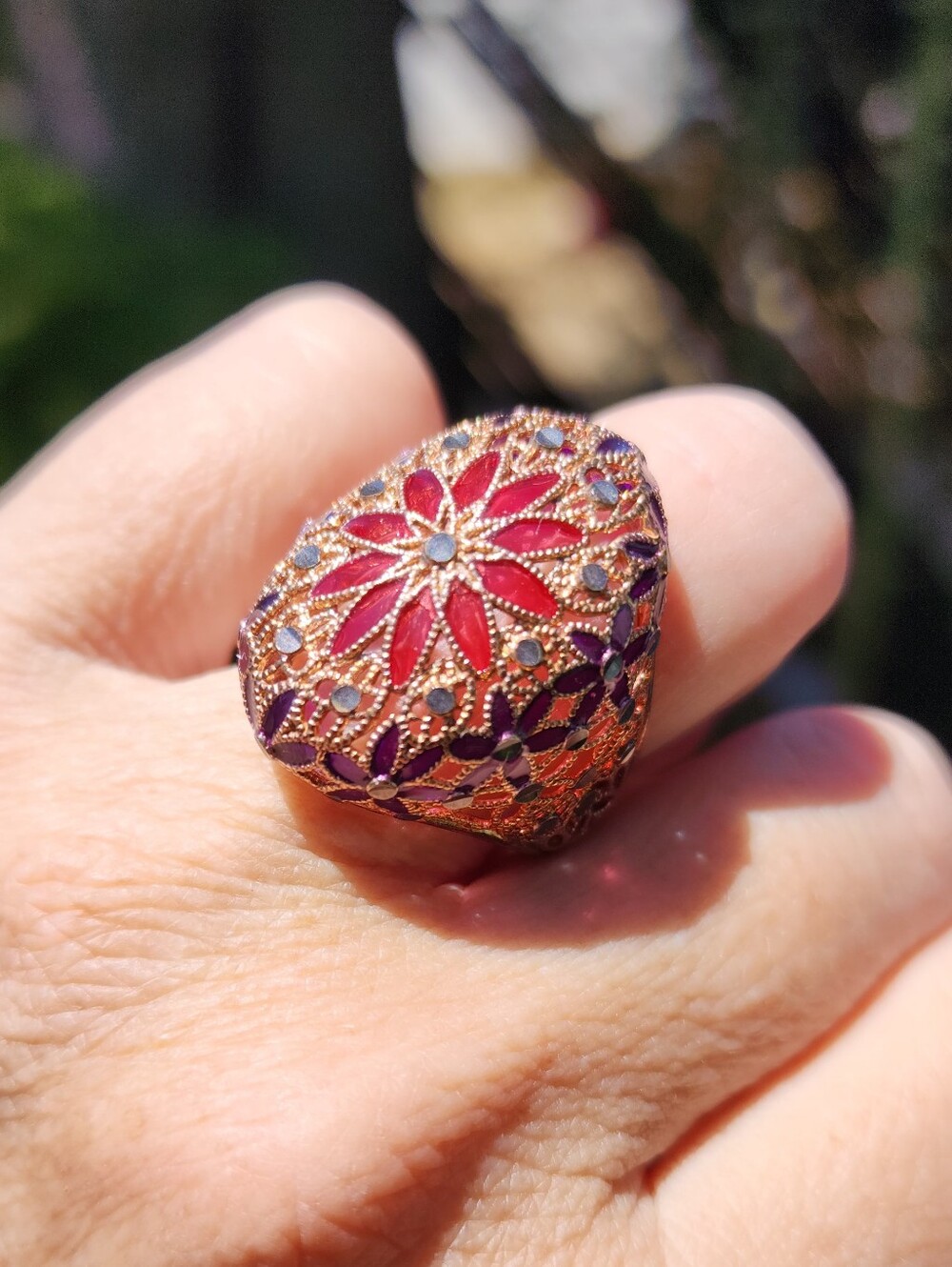 Copper-Tone Red & Purple Floral Filigree Statement Ring